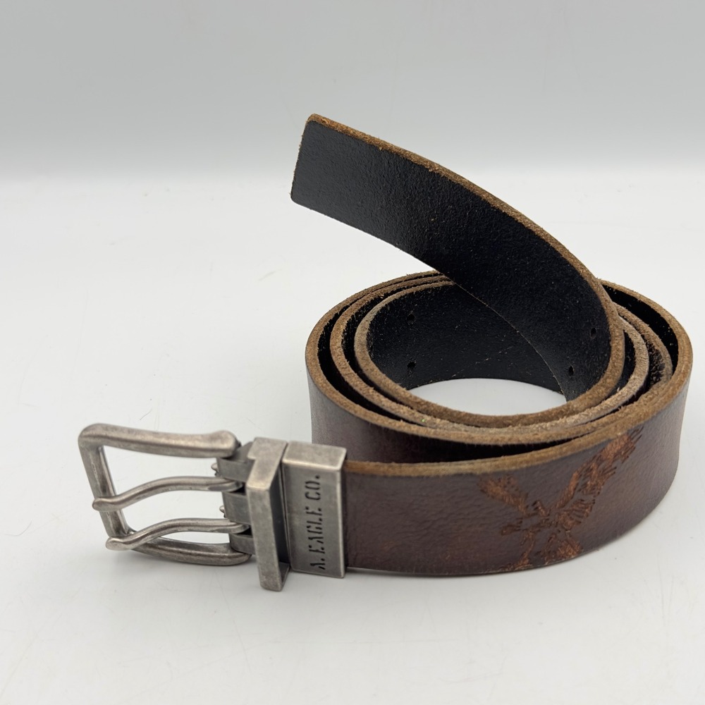 American Eagle Belt Brown Leather Double Prong Y2K 34-36 Rugged Distressed Eagle
